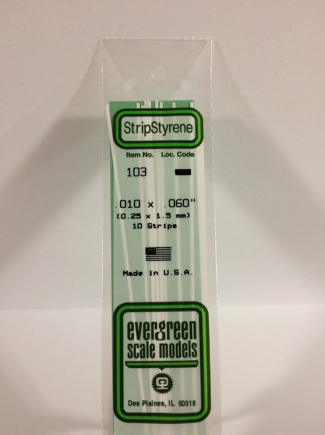 Evergreen 103 Plasticcart Strip 0,25x1,5x350mm (10) Polystyrene Vierkantprofile