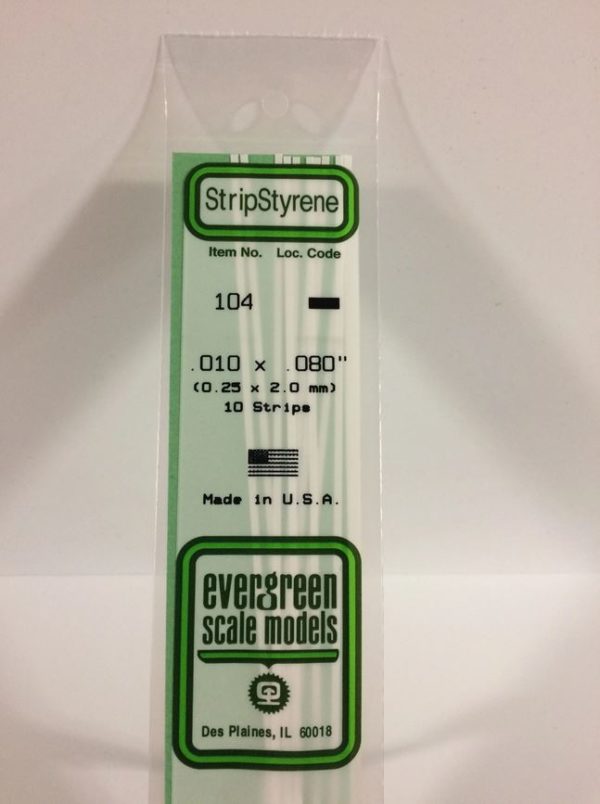 Evergreen 104 Plasticcart Strip 0,25x2,0x350mm (10) Polystyrene Vierkantprofile