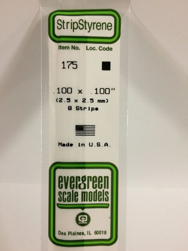 Evergreen 175 Plasticcart Strip 2,5x2,5x350mm (8) Polystyrene Vierkantprofile