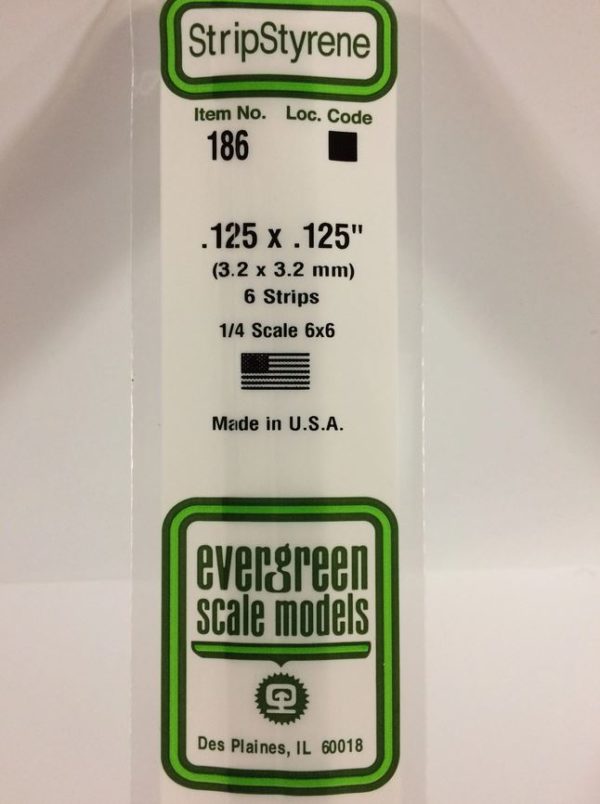 Evergreen 186 Plasticcart Strip 3,2x3,2x350mm (6) Polystyrene Vierkantprofile