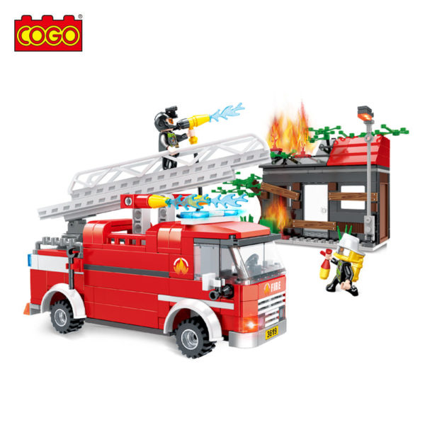 Cogo 3619 - Feuerwehrauto im Feuerwehreinsatz mit HÃ¤userbrand - 411 Klemmbausteine