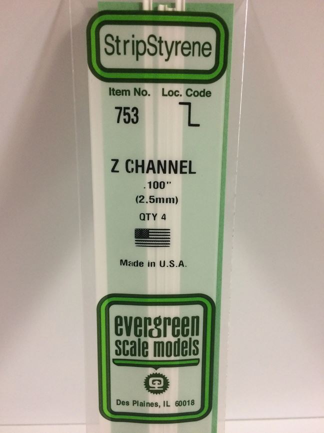 Evergreen 753 Plasticcart Z-Channel 2,5x1,27x350mm (4) Polystyrene Z-Profil